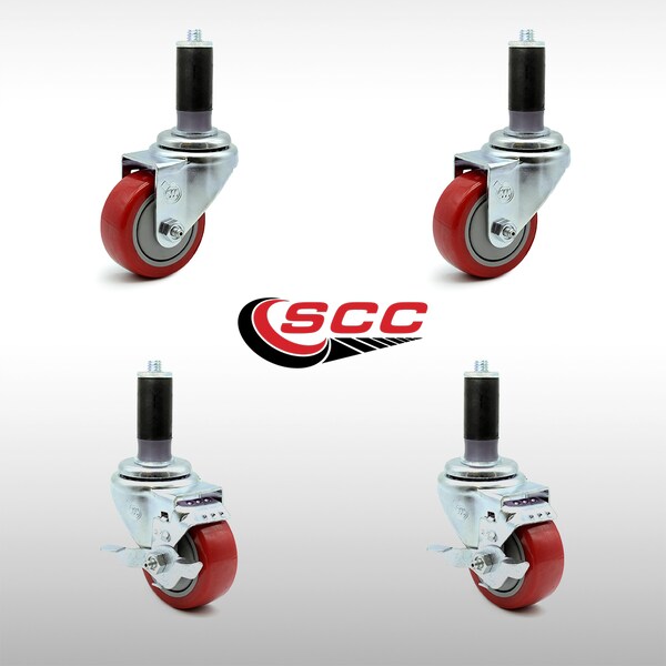 3.5 Inch SS Red Poly Swivel 1-1/8 Inch Expanding Stem Caster Brake SCC, 2PK